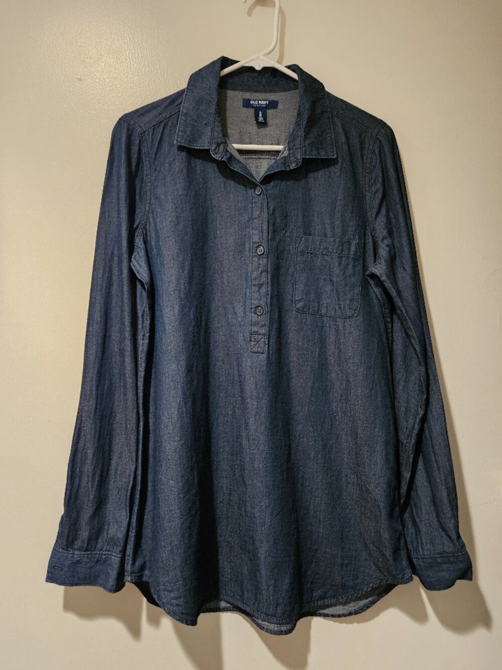 Old Navy M Long Sleeve Denim Blue Jean Cotton Button-Down Collared Tunic Blouse
